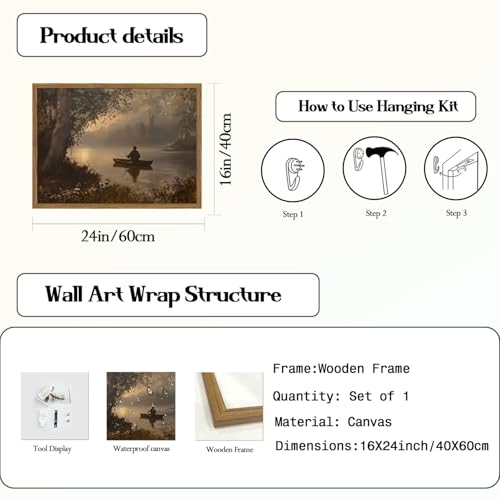Image of Vintage Fishing Wall Art Dark Cottagecore Hunting Wall Decor Moody Fishing in the Lake Forest Landscape Canvas Painting Prints for Farmhouse Living Room Bedroom 24x16 inch Wood Framed