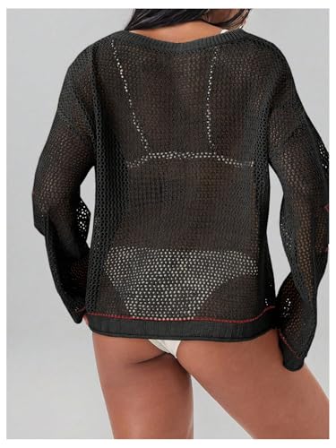 Milumia Women's Number Print Crochet Cover Ups Tops Loose Long Sleeve Knit Sweater3