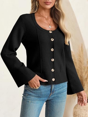 Image of Saodimallsu Womens Bell Sleeve Cardigan Sweaters Button Down Long Sleeve Fall Trendy Sweaters 2025 U Neck Knit Outwear