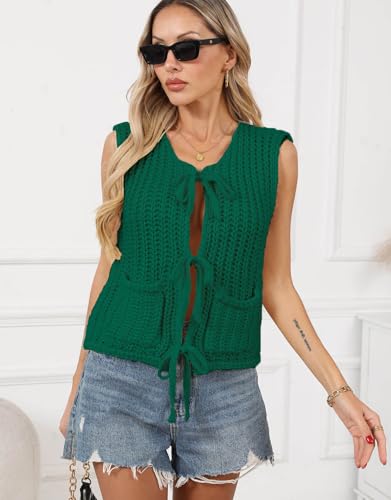 Image of Trendy Cardigan Sweater Vest Crochet Knit Top Sleeveless Bows with Pockets