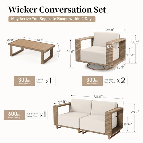 Image of SUNSHINE VALLEY 4 Pieces Patio Furniture Set with Swivel Chairs, Outdoor Wicker Conversation Set with 10 inch Thick Cushions, All Weather Rattan Conversation Set, Low Profile Lawn Garden Backyard Sofa