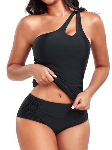 Women's Two Piece Tankini Swimsuits One Shoulder Tummy Control Keyhole Bathing Suits Swim Top with Bottom Modest Swimwear4