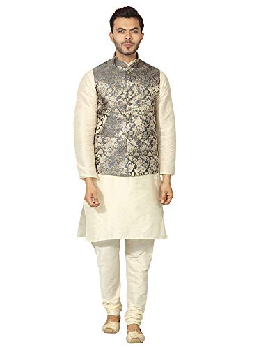 Image of Uri and MacKenzie Men's Silk Blend Regular Kurta Churidar Pyjama with Bundi Nehru Jacket /Waistcoat