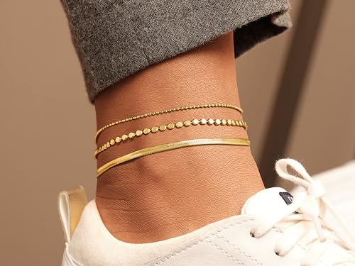 Image of Risamil 14K Gold Plated Ankle Bracelets for Women, Anklets for Women Waterproof Layered Ankle Bracelets for Women Teen Girl Herringbone Anklet Set Summer Foot Jewelry Gifts