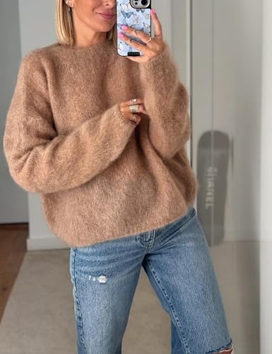 Womens Soft Fuzzy Knit Sweater Oversized Cozy Pullover Jumper Long Sleeve Casual Crewneck Sweater3