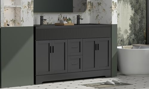 Image of eclife 60 inch Bathroom Vanities Sink Combo with Painted Surface, Modern Drawered Cabinet W /Decorative Wave Lines, Undermount Double Black Sink, Matte Black Faucet Drain, Black