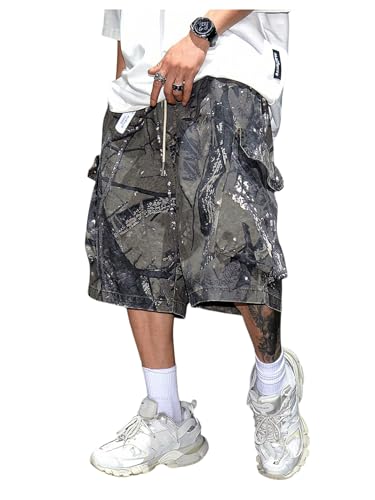 SHENHE Men's Camo Print Y2k Baggy Cargo Shorts Hip Hop Drawstring Bermuda Shorts Streetwear Black Medium