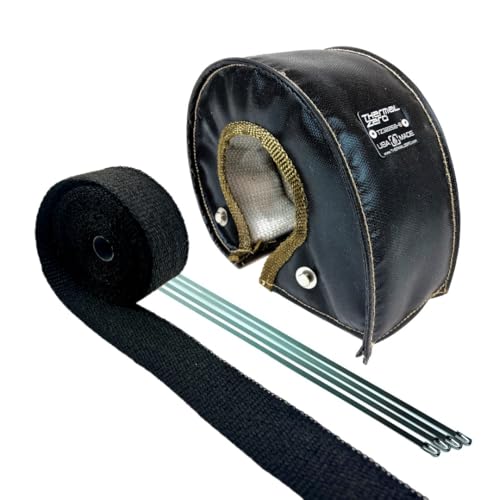 Thermal Zero USA MADE Black T4 Turbo Blanket Heat Insulation Cover Combo Kit includes Black High Temperature Exhaust Down Pipe Wrap Roll (2