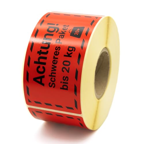 MD Labels Warnetiketten auf rolle 100x50mm ACHTUNG SCHWERES PAKET bis 20 KG 500 Stück - Paketaufkleber für Sendungen -Versandetiketten– Paketaufkleber