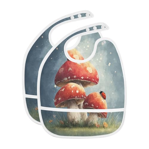 Mushroom Teal Baby Bibs for Infant Boy Girl Waterproof Feeding Bib Apron with Food Cather Adjustable Cotton Food Eating Bib 2 Pack