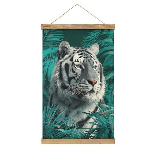 Jubonexis Peinture sur toile avec cadre en bois - Tigre noir et blanc - Vert foncé - Décoration murale