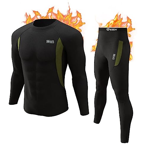 LI FITNESS Ski Thermal Underwear Set Fleece Lined Cool Dry Base Layer for Men Top & Bottom Long Johns Winter Sports Gear (M) Black