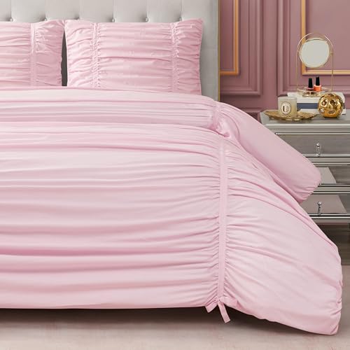 Image of Juicy Couture Ribbon Ruched 3 Piece King Comforter Set, Pink Marshmellow Bedding Ensemble