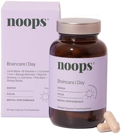 Noops Nootropics BrainCare Day Focus & Energy - Lion's Mane, Ginkgo Biloba, L-Tyrosine, L-Carnitine, Pine Bark, Bacopa, B Vitamins, & Ginseng Nootropic Supplement, 60 Capsules