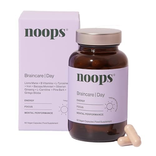 Noops Nootropics BrainCare Day Focus & Energy - Lion's Mane, Ginkgo Biloba, L-Tyrosine, L-Carnitine, Pine Bark, Bacopa, B Vitamins, & Ginseng Nootropic Supplement, 60 Capsules