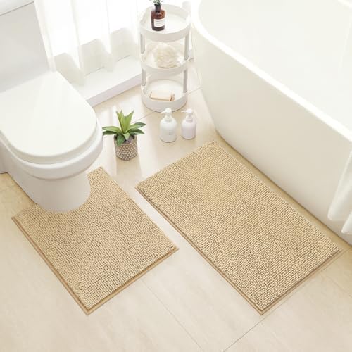 HOMEIDEAS Bathroom Rugs Set 2 Pieces, Ultra Soft Non Slip Absorbent Chenille Toilet Bath Mat Set (Beige)