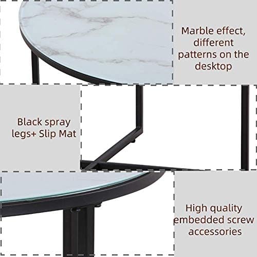 GOLDFAN Marble Coffee Table Round Glass Living Room Centre Table with Black Metal Frame Modern End Side Sofa Table, White