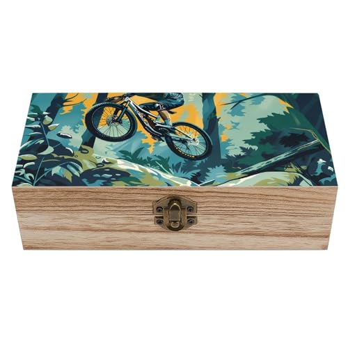Mountain Bike Biker Wooden Storage Treasure Box Container 7.9'' X 3.7'' X 2.3'' Keepsake Boxes with Hinged Lid And Front Clasp