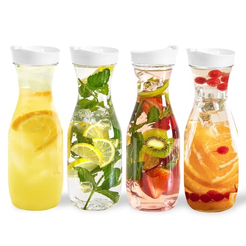 DilaBee Plastic Pitcher With Lid (4-Pack, 32oz) Round Plastic Beverage Dispenser for Water, Juice, Iced Tea - Water Pitchers, Carafes for Mimosa Bar - Clear Drink Dispenser BPA-Free - HAND-WASH ONLY by DilaBee - Used condition - US$8.64
