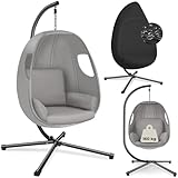 tectake® Columpio Jardín Exterior con Estructura, Silla Colgante Giratoria, Altura Ajustable, Hamaca Colgante para Interior y Exterior, Sillón Colgante con Cojines, hasta 160Kg, con Funda - gris claro