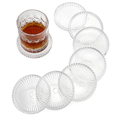 OGANAZI Modern Glass Coaster Set of 8 - Coffee Table Coasters, Crystal Coaster, Round Cup Mat, Coasters for Office, Kitchen, Bar, Dining Room, Living Room, Patio(Clear)