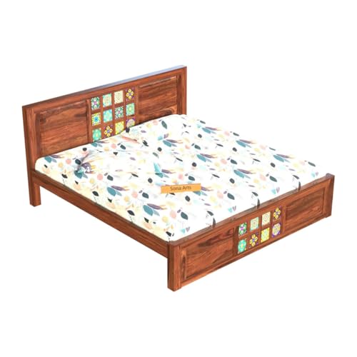 Image of SONA ART & CRAFTS Taurus Solid Sheesham Wood King Size Bed Without Storage (78x72) with 2 Bedside Table, Double Bed King Size Cot for Bedroom (Natural Finish)