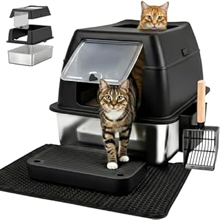 Bac à litière XXL pour Chat en Acier Inoxydable avec Couvercle – Maison de Toilette fermée à Double entrée avec Marche, Pelle et Tapis, Facile à Nettoyer, Anti-Odeur, pour Grands Chats