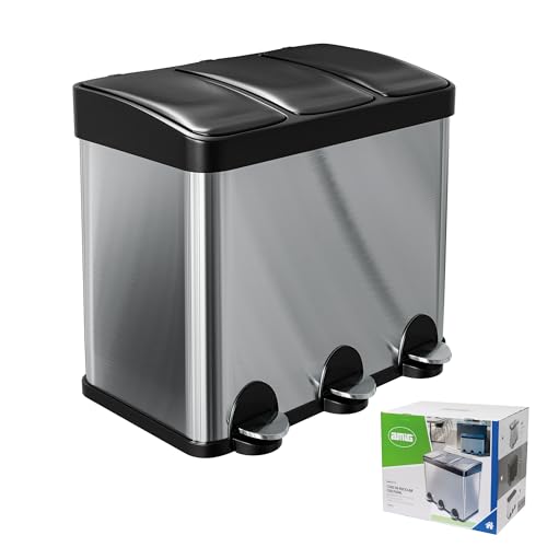 Amig - Cubo de Basura Triple con Pedales 45 litros Mod. RECIK3, 3 Compartimentos Extraíbles de 15 litros, Cubo de Reciclaje para Cocina, Acero inoxidable, 60 x 37 x 49 cm, Plateado