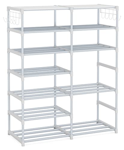 Tribesigns 7 Tier Metal Shoe Rack With Side Hooks For Entryway, 24-30 Pairs - Tall Storage Organizer For Shoes And Boots