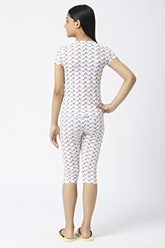 Image of SINI MINI Round Neck with Half Sleeve Top & Capri Beige Girls Casual Pack of 1 Night Suit Set