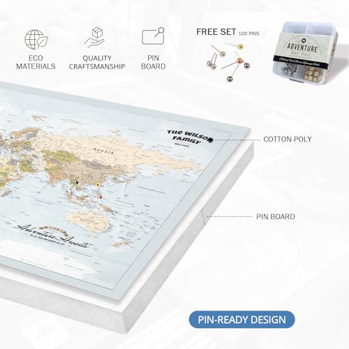 Image of IPIC - Custom Framed world map wall art, Push Pin Map Decor to Mark Travels, Personalized Artwork with Names and Message on, Oversize World Travel Map Print for Home, Office, Study, and RV