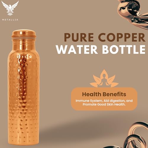 Image of Metallix Copper Water Bottle 1 Ltr | Copper Bottle for Men & Women | 100% Pure Copper | BPA Free & Leak Proof | Easy to Carry | Suitable for Yoga, School & Office (Hammered)