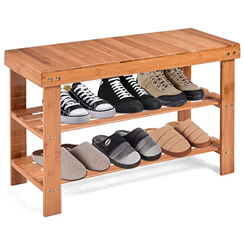 COSTWAY Bamboo Shoe Rack Bench 3-Tier Free Standing Wood Shoe