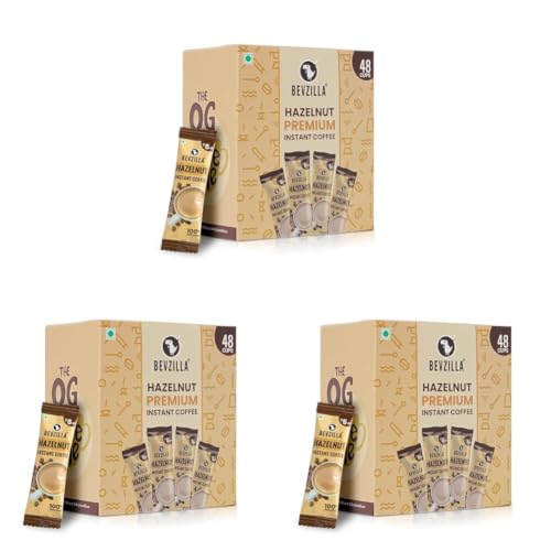 Image of Bevzilla 48 Instant Coffee Powder Sachets (Hazelnut) - 96 Grams| Hot & Cold Coffee| Makes 48 Cups|Arabica Coffee | Easy To Carry| Best For Espresso, Latte, Cappuccino (Pack of 3)
