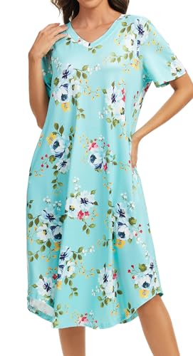 Image of Kabento Nightgowns for Women Cotton Short Sleeve Long Night Gowns with Pockets