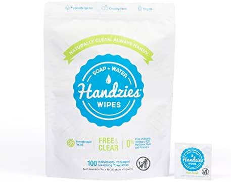 Handzies Natural Soap and Water Hand Wipes, Free and Clear, Individually Packaged Singles (100)