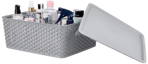 Image of Amazon Basics Set of 3 Plastic Storage Baskets with Lid - Stackable Organiser for Wardrobe, Kitchen, Clothes, Toys, Books, Office, Stationery - Multipurpose (Medium, 36x30x13 cm | Grey, Rectangular
