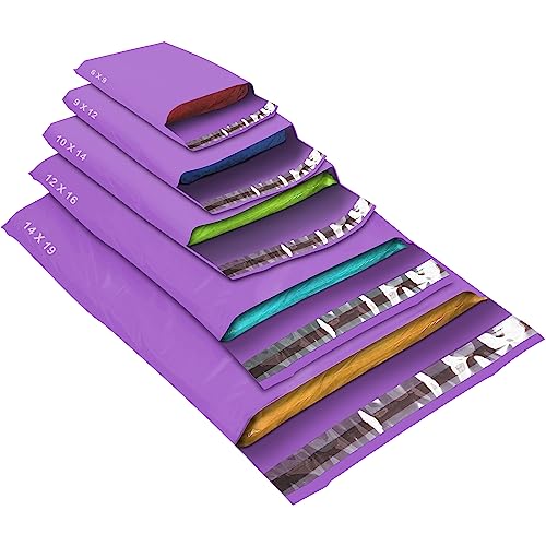 50 Mixed Size Purple Mailing Bags, Purple 5 Sizes Self Seal Strong Waterproof Poly Plastic Envelopes for Parcels, Packaging, Small, Medium, Large Mail, Shipping Courier Delivery Bags