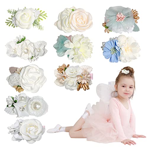 10Pcs Baby Flower Hair Clips White, Baby Girl Floral Imitation Pearl Hair Clip, Toddler Fully Lined Blue Alligator Clips, Non Slip Handmade Hair Accessories, For School Outdoor Party Birthday #TOP10