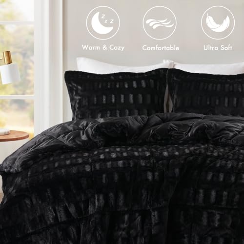 Image of Madison Park King Comforter Set Reversible Faux Fur Elegance with Soft & Plush Mink-Like Reverse, Heavyweight 6D Overfilled Warm & Fluffy Comforter for King Size Bed, Gia, King /Cal King Black 3 Piece