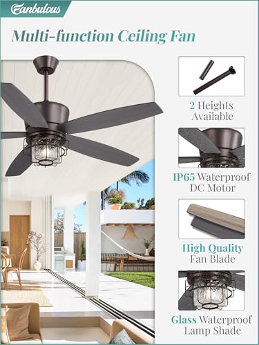 Fanbulous 52" Outdoor Ceiling Fans with Lights and Remote Control,IP65 Wet Rated Waterproof Ceiling Fan with 6-Speed DC Motor, Farmhouse Gazebo Fan for Porch Patios Pavilion(Oil-Bronze)