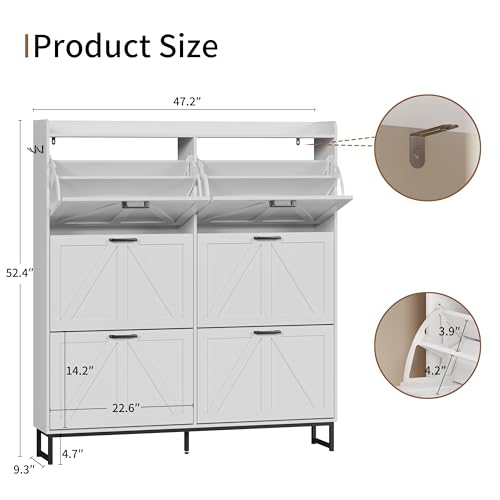 Image of Shoe Cabinet with 6 Flip Drawers, Freestanding Hidden Shoe Storage Organizer for Entryway, Narrow Slim Shoe Rack Cabinet with Open Storage & Hooks for Front Door Entrance, Living Room, Hallway, White