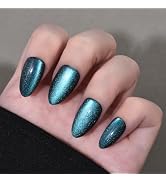 Stbisen Cat Eye Press on Nails Short Almond, Greenish Blue Press on Nails Almond Fashion Gel Fake...
