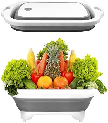 SEMSOIIO 1PCS Collapsible Cutting Board,Collapsible Sink/Foldable Dish,Foldable Dishes Space Saving - Multifunctional Kitchen Vegetable Washing Basket Silicone Dish Tub for BBQ/Camping (Grey)