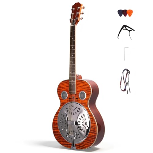 Acoustic Resonator Guitar Beginner Guitar Kit Country Bluegrass Folk Blues Spruce Top Includes Strap Capo Picks and Wrench Full Size 40 Inch Steel String Right Handed Guitar (Amber Orange)