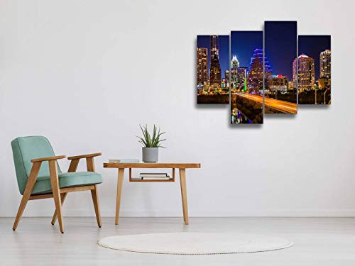 Austin Texas Evening Excitement Cityscape, Skyline, Skyscrapers Canvas Wall Art Hanging Paintings Modern Artwork Abstract Picture Prints Home Decoration Gift Unique Designed Framed 4 Panel #TOP2