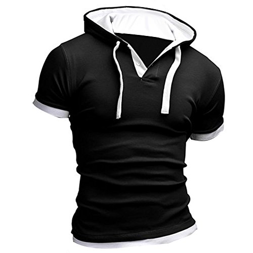 BlueSterCool Hombre Camisetas de Manga Cortas, Capucha (XXL, Negro -2)
