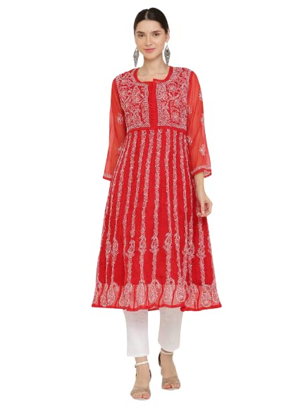 Image of FAWOMENT Women's Georgette Yok Anarkali Kurta with Intricate Lucknowi Chikankari Fine Hand Crafted Embroidery