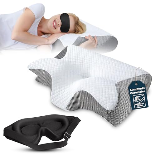 EquilibrioMZ Almohada cervicales y Cuello – Ergonómica Ortopédica Antironquidos – Mejora el Descanso y Alivia la tensión Cervical – Incluye Antifaz de Regalo