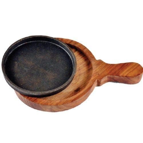 Image of REMARKABLE Iron Sizzler Plate with Wooden Base | Small Dessert Round Serving Platter with Handles | Brownie Sizzler Tray for Cake | Sizzling Brownie Plate |Hot Sizzling Plate | 5 inch Qtr. Size |Set of 3